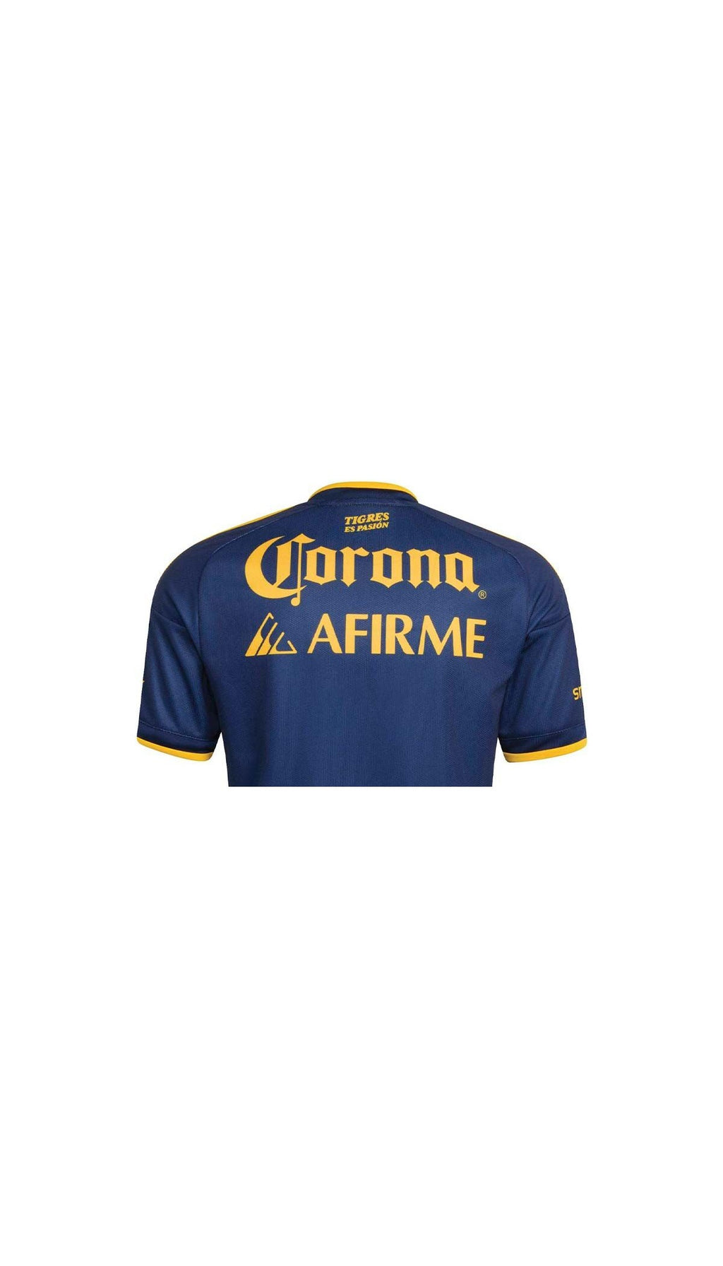 Tigres UANL visitante 2025/26 versión jugador — detalle de patrocinadores posteriores